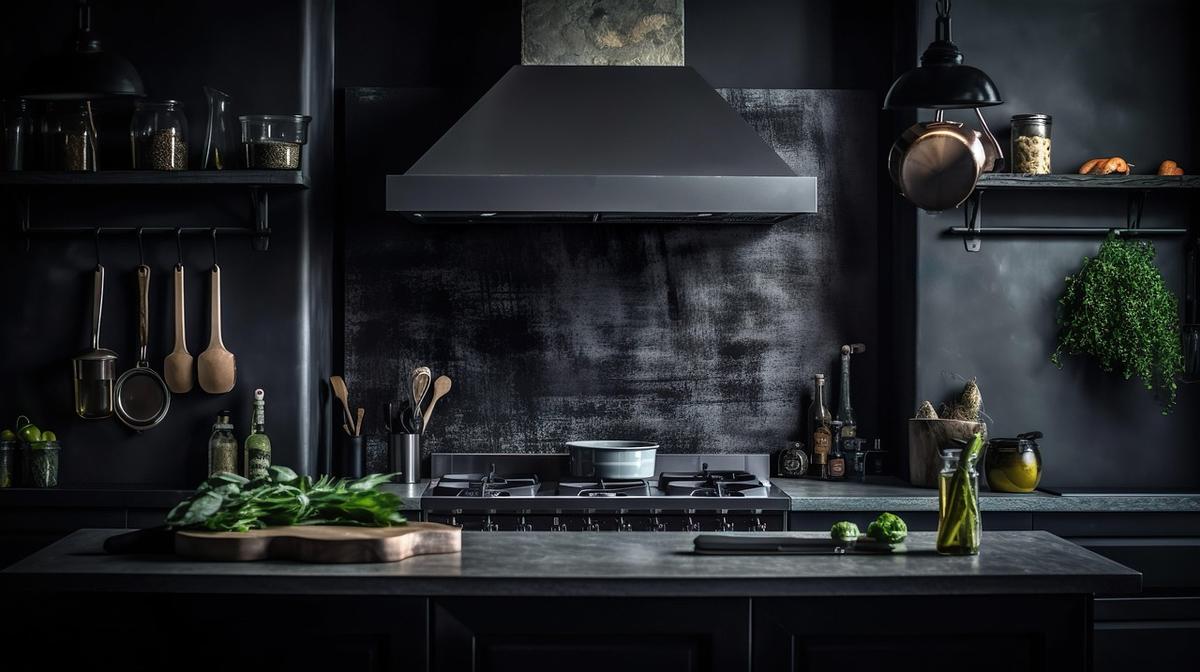 Cuisine moderne sombre, îlot central, hotte, poêle à gaz, ustensiles, légumes frais